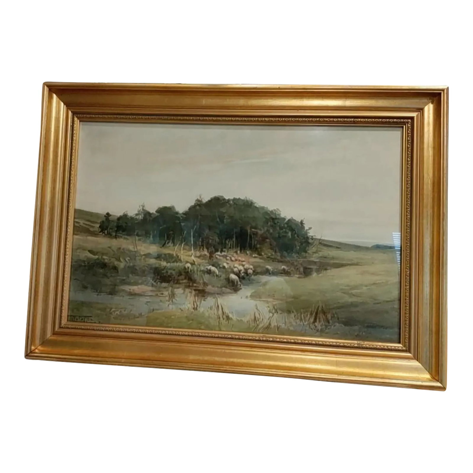 Barbizon W/C Landscape Painting With Herd of Sheep in Pasture Signed LL.Framed: Watercolor of Sheep Landscape-well done landscape Hard to make out signature Barbizon style Painting and very vibrant. Signed Lower Left as in photo Framed : 32 X 22 inches Frame width. 3 1/2
