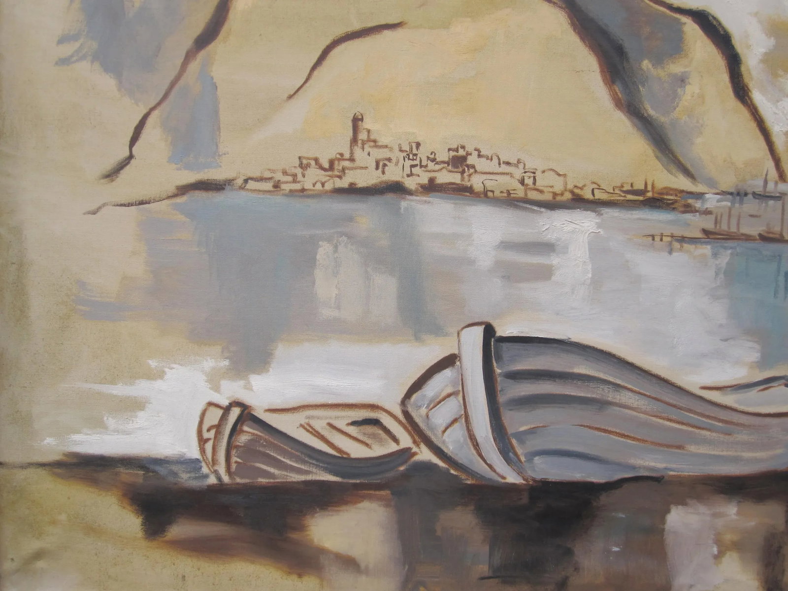Harrison Mid-Century Abstract Harbor / Fishing Boats - Signed Oil on Canvas, Framed (51" X 39") - 2