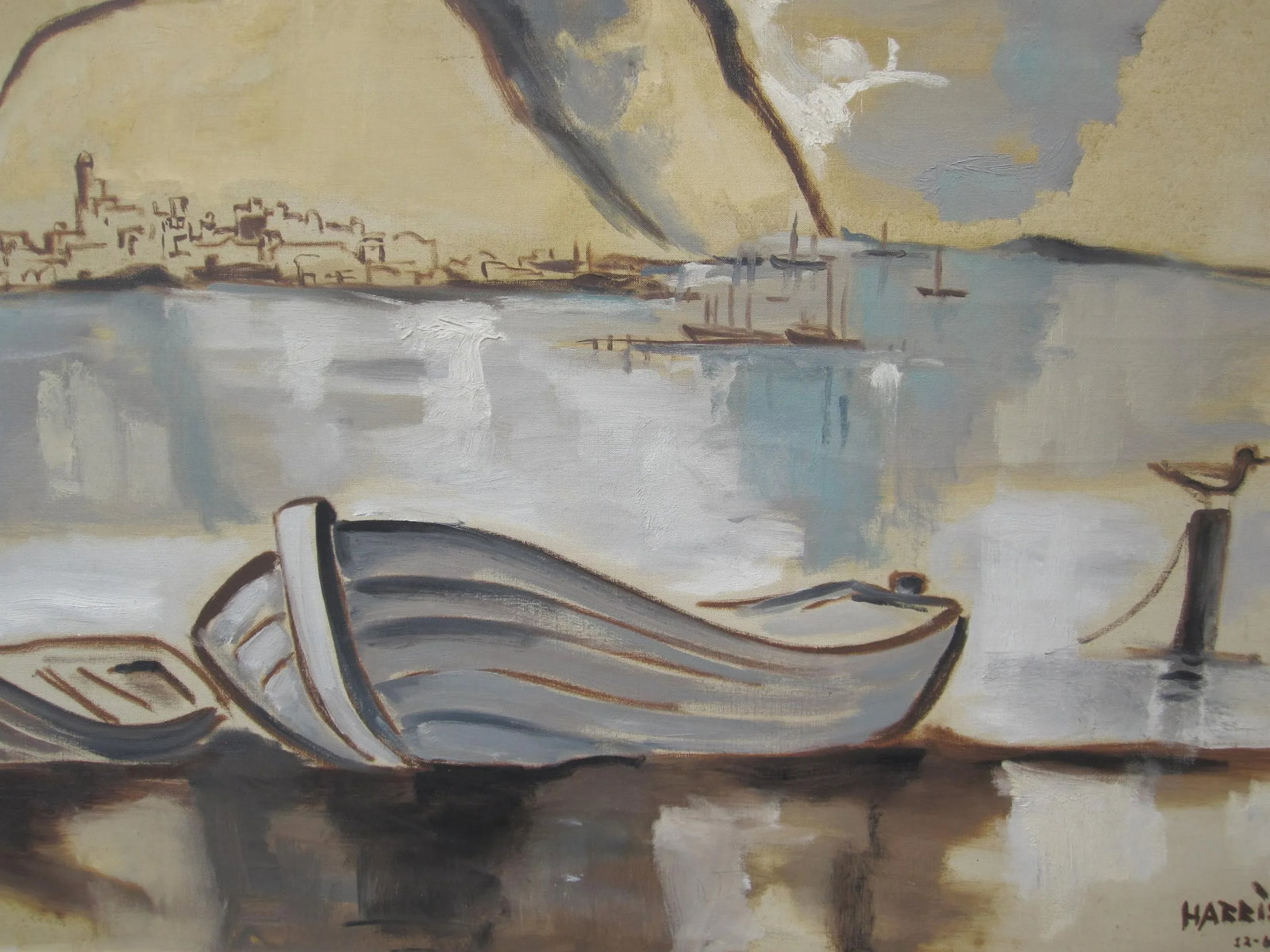Harrison Mid-Century Abstract Harbor / Fishing Boats - Signed Oil on Canvas, Framed (51" X 39") - 3