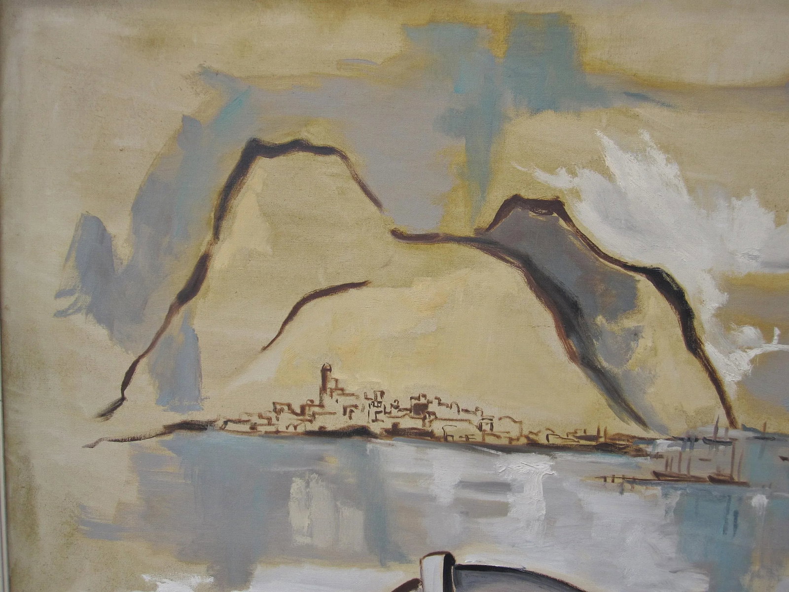 Harrison Mid-Century Abstract Harbor / Fishing Boats - Signed Oil on Canvas, Framed (51" X 39") - 4