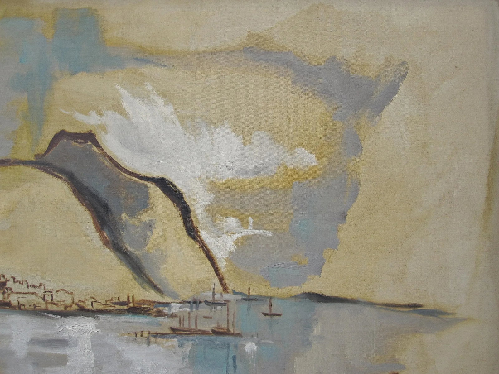 Harrison Mid-Century Abstract Harbor / Fishing Boats - Signed Oil on Canvas, Framed (51" X 39") - 5