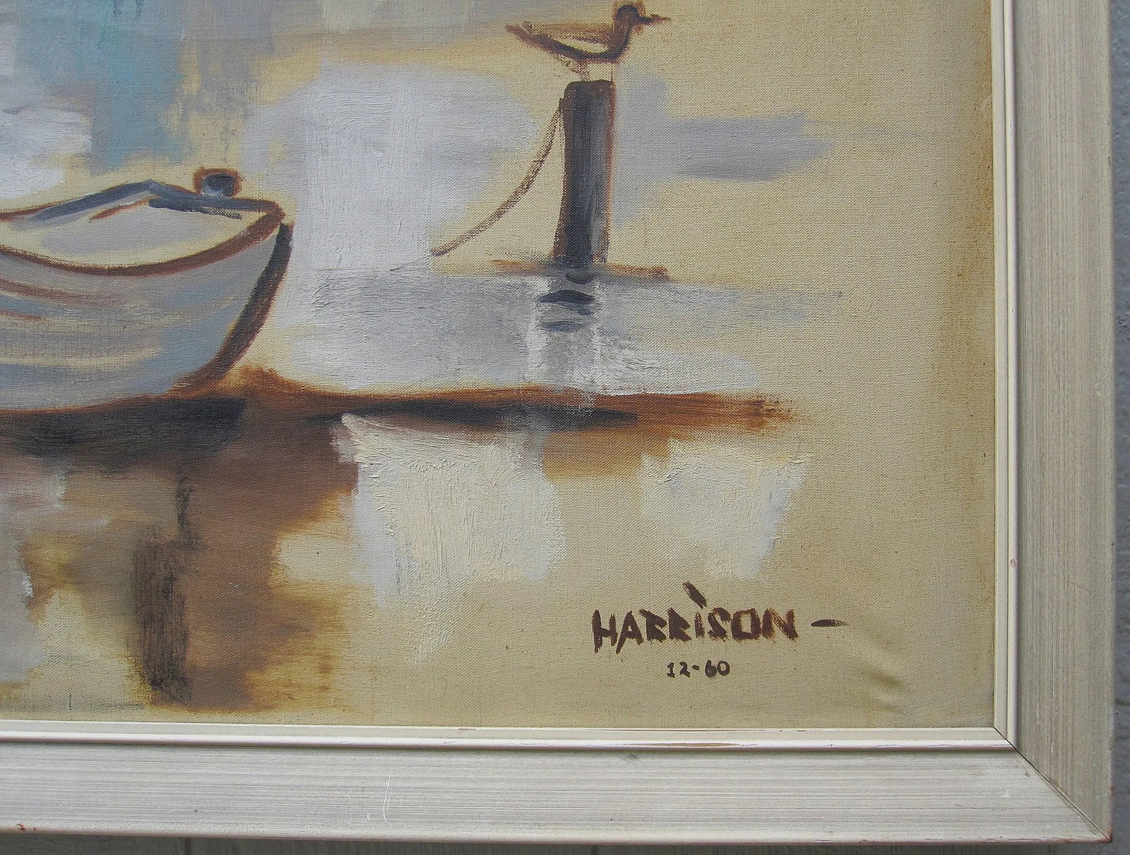Harrison Mid-Century Abstract Harbor / Fishing Boats - Signed Oil on Canvas, Framed (51" X 39") - 7
