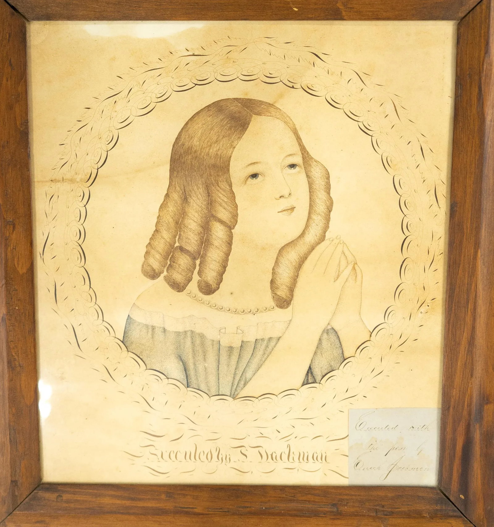 19th Century Folk Art Americana Pen and Ink Portrait Drawing of a Young Girl - 2