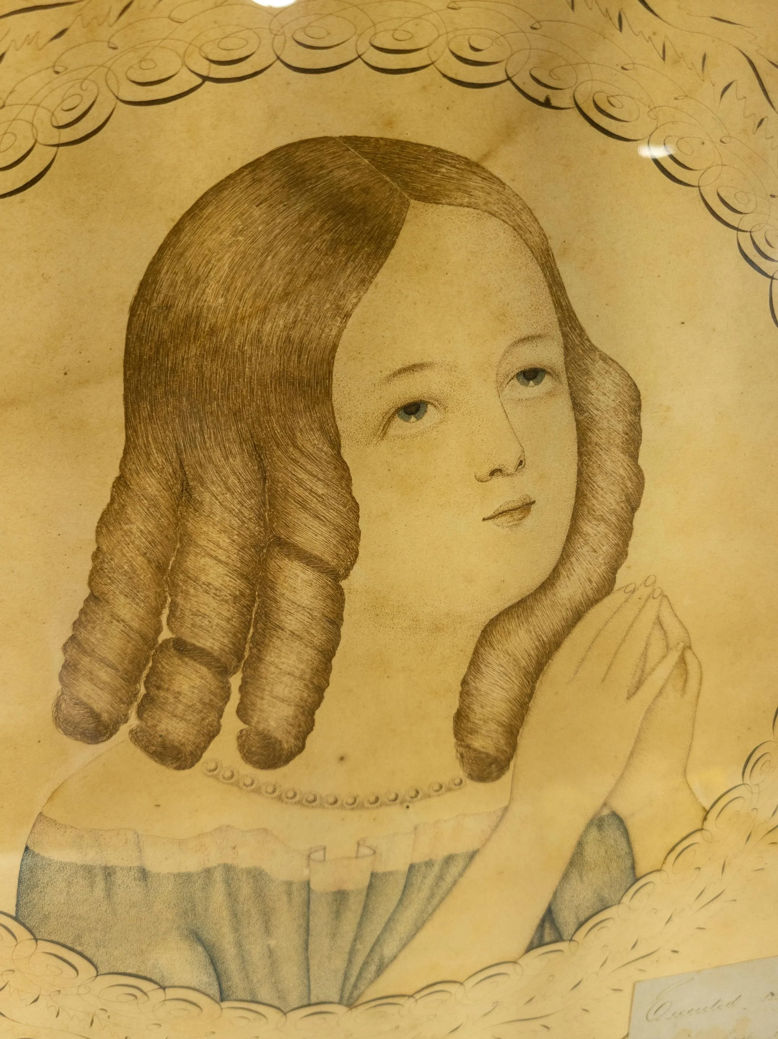 19th Century Folk Art Americana Pen and Ink Portrait Drawing of a Young Girl - 7