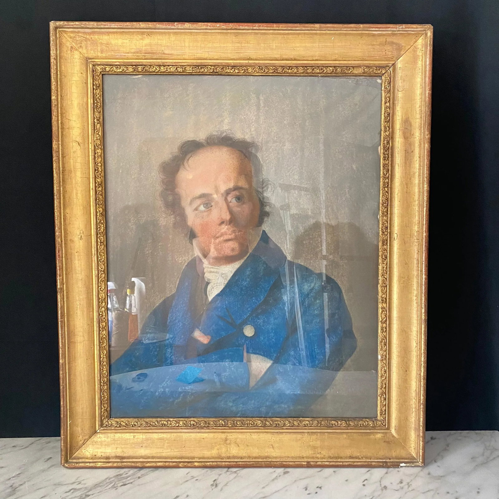 Early 19th Century Early French Pastel Portrait of Thinking Man in Waistcoat, in Gold Gilt Frame - 2