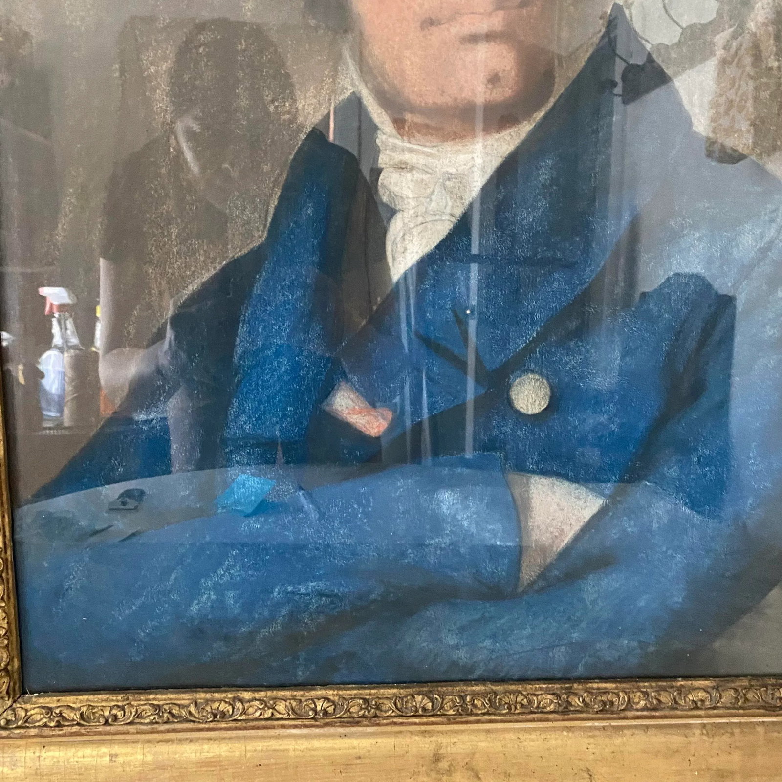 Early 19th Century Early French Pastel Portrait of Thinking Man in Waistcoat, in Gold Gilt Frame - 4