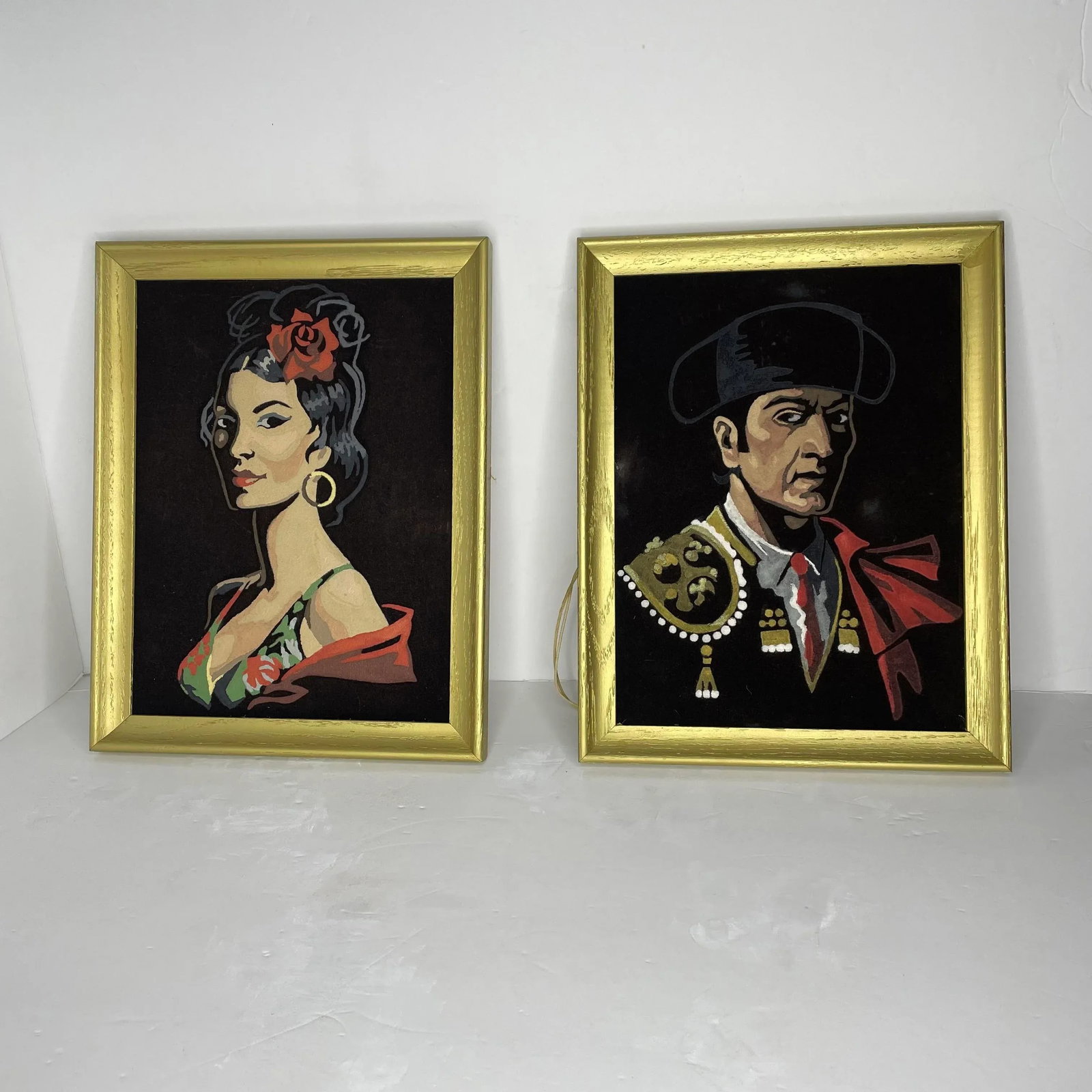 Vintage Gold Framed Velvet Art Portraits of a Spanish Man and Woman - a Pair - 2