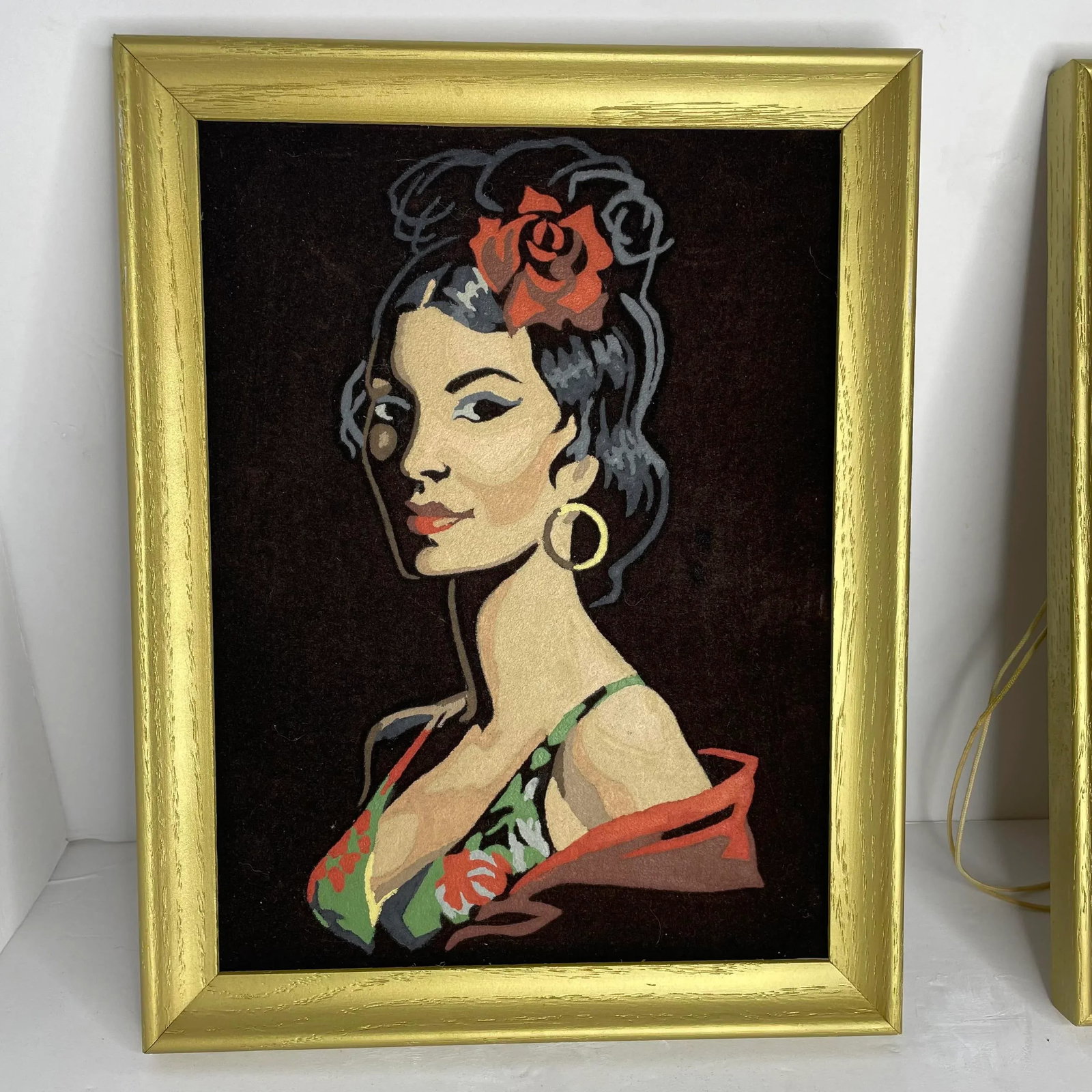 Vintage Gold Framed Velvet Art Portraits of a Spanish Man and Woman - a Pair - 3