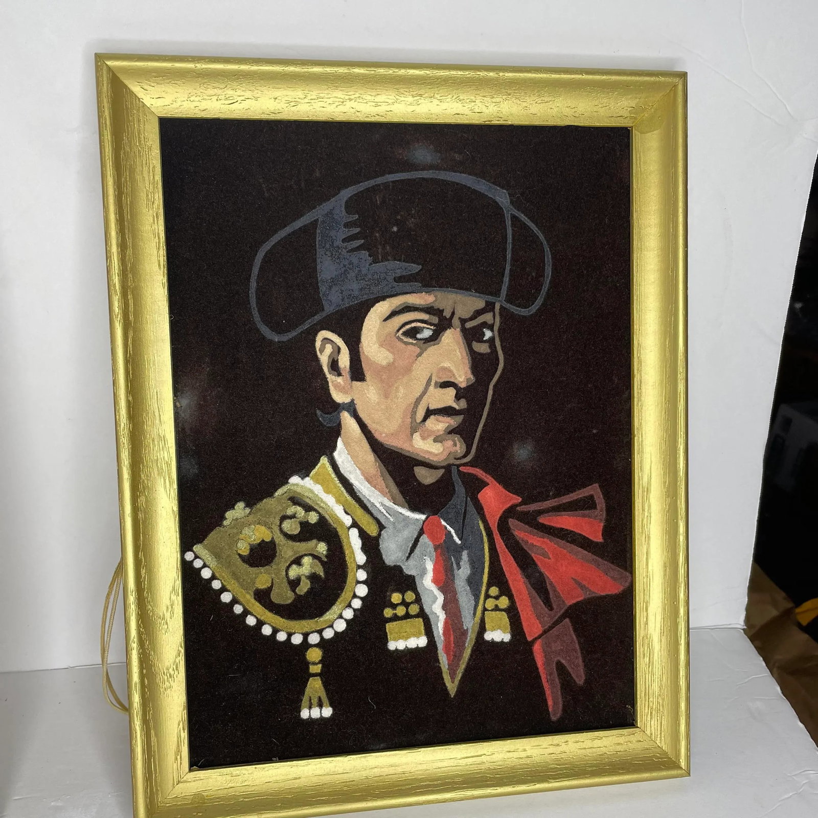 Vintage Gold Framed Velvet Art Portraits of a Spanish Man and Woman - a Pair - 4