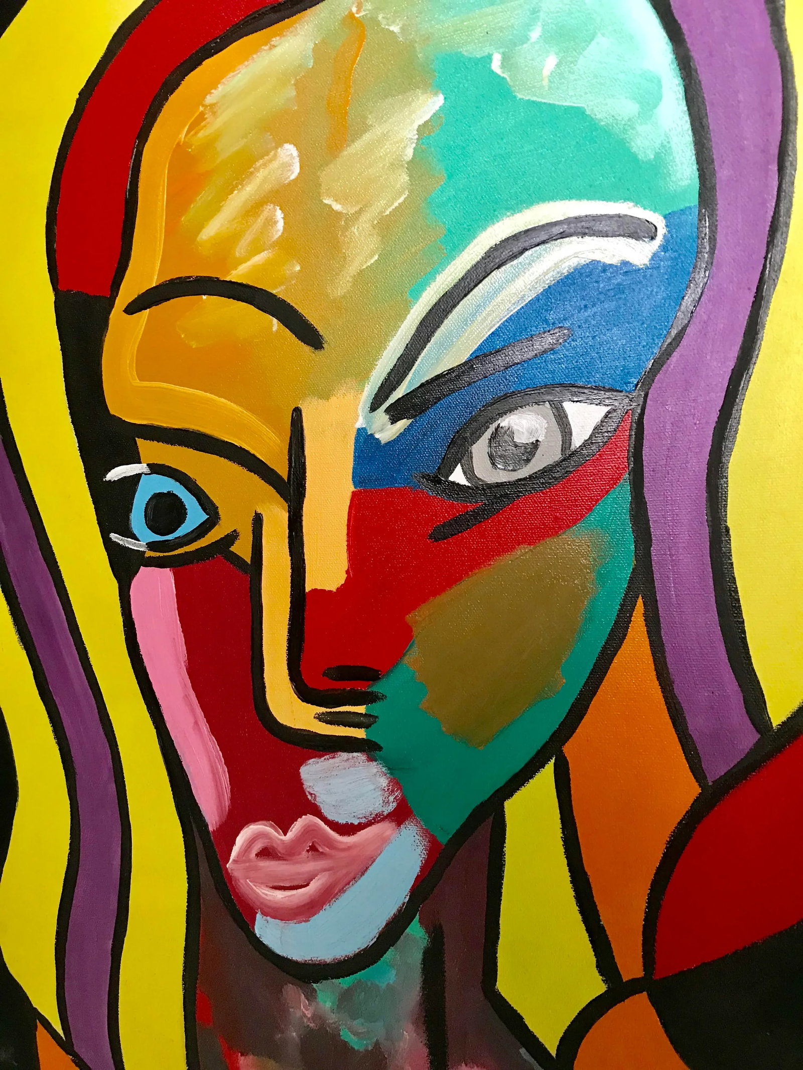 1990s 30" Abstract Pop Art Acrylic Painting " Two Faced " - Signed Original - 2