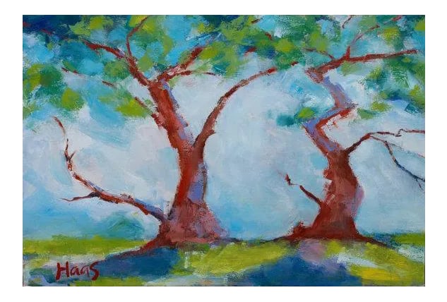 Twisted Cypress, Expressionist Oil Painting by L Haas: Quiet Places & Coast Trees - Twisted Cypress, Carmel Original oil painting by L. Haas, 8 x 12 in unframed gessoed wood panel, signed. An impressionist landscape of a twisted cypress tree along the