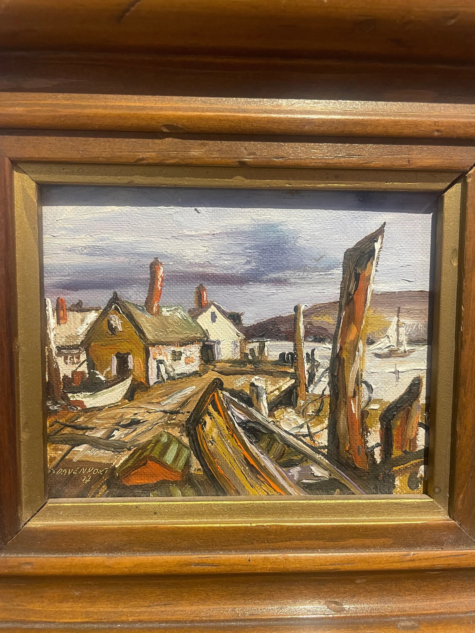 Vintage 1972 Harbor Oil Painting by Davenport, Framed - 2