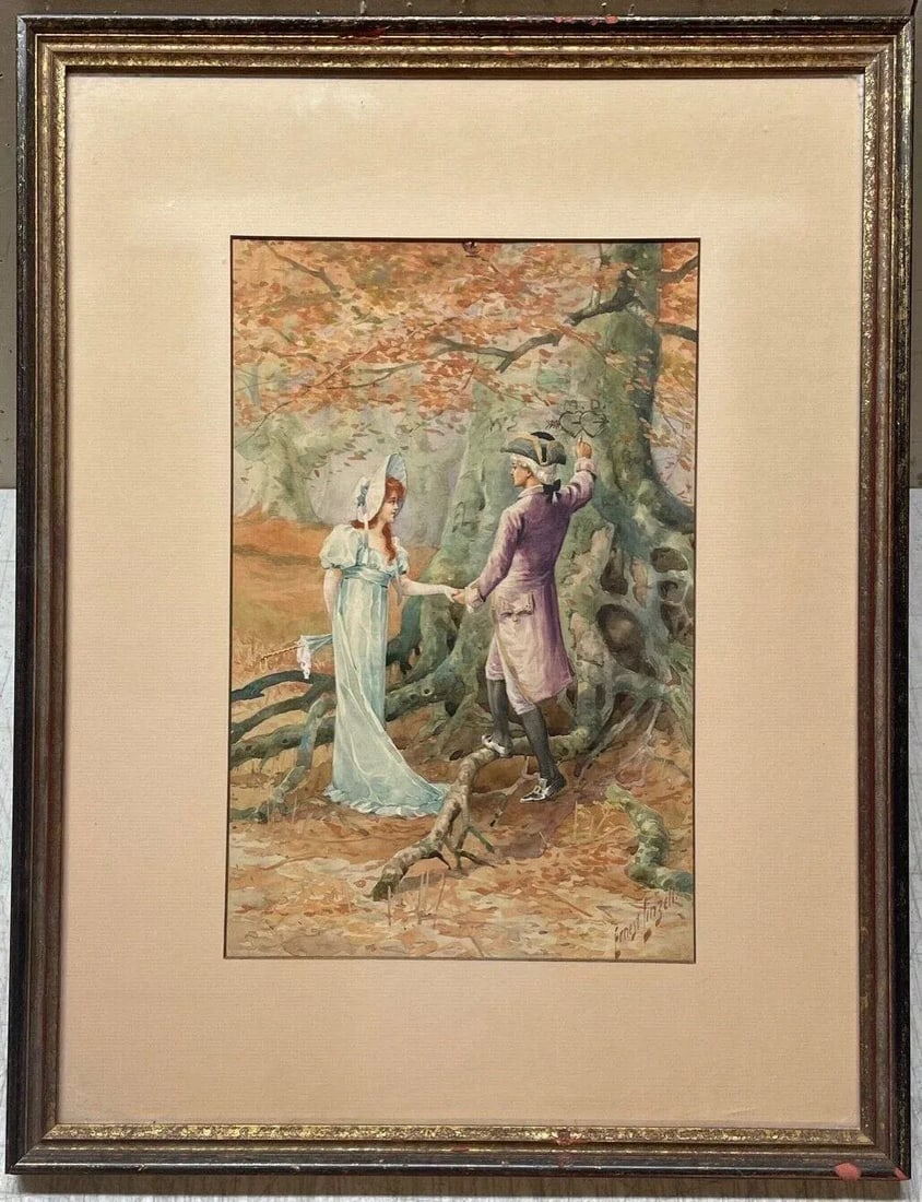 Antique Ernest Linzell 'victorian Courting Scene Hearts Carved in Tree' Painting - 2