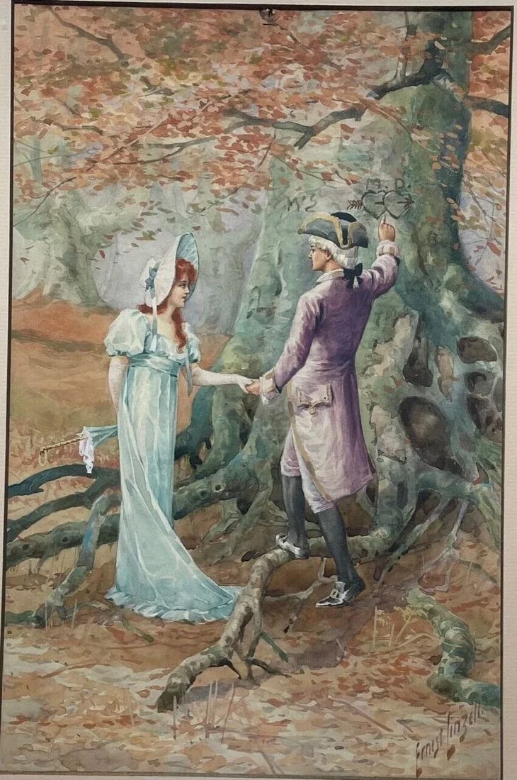 Antique Ernest Linzell 'victorian Courting Scene Hearts Carved in Tree' Painting - 3