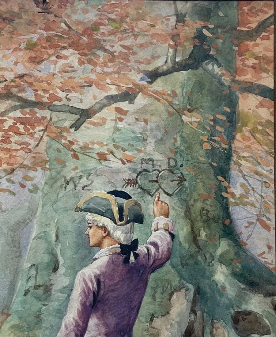 Antique Ernest Linzell 'victorian Courting Scene Hearts Carved in Tree' Painting - 5