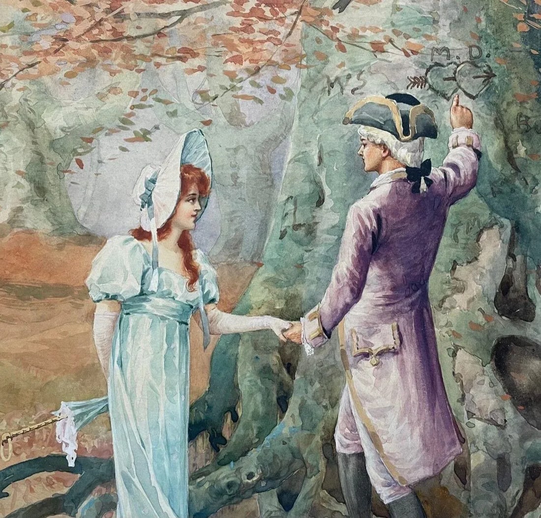 Antique Ernest Linzell 'victorian Courting Scene Hearts Carved in Tree' Painting - 6