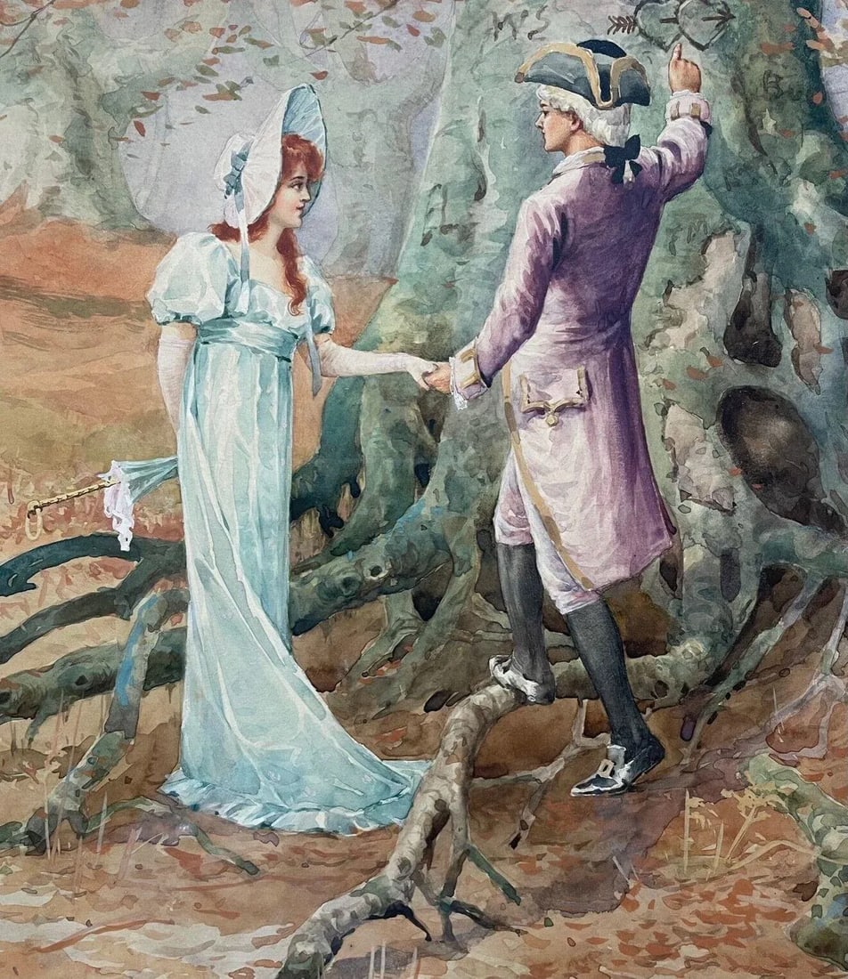 Antique Ernest Linzell 'victorian Courting Scene Hearts Carved in Tree' Painting - 7
