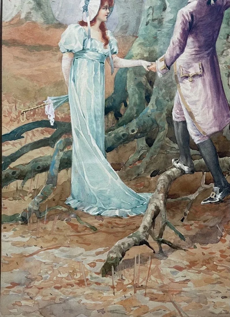 Antique Ernest Linzell 'victorian Courting Scene Hearts Carved in Tree' Painting - 9