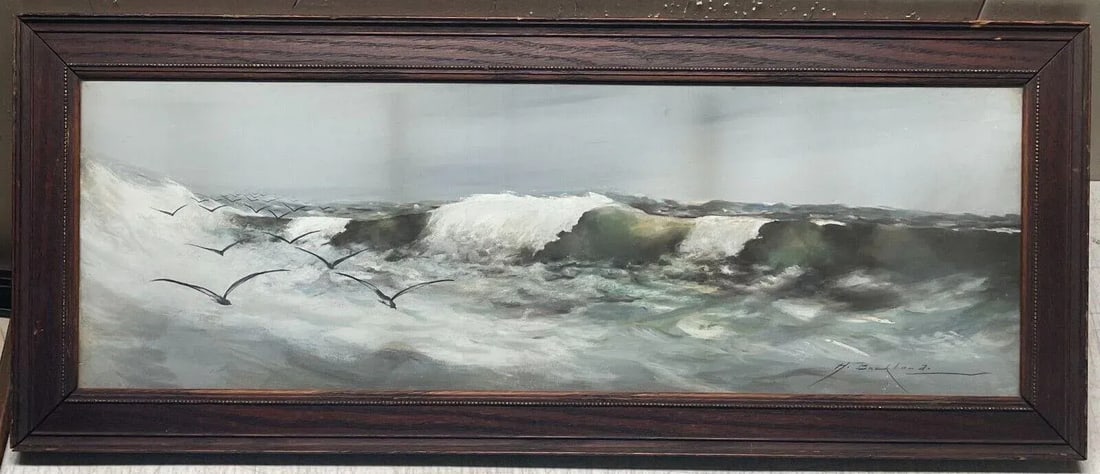 Antique Harland Paige Buckland 'birds Over Crashing Waves' Ny Seascape Painting - 2