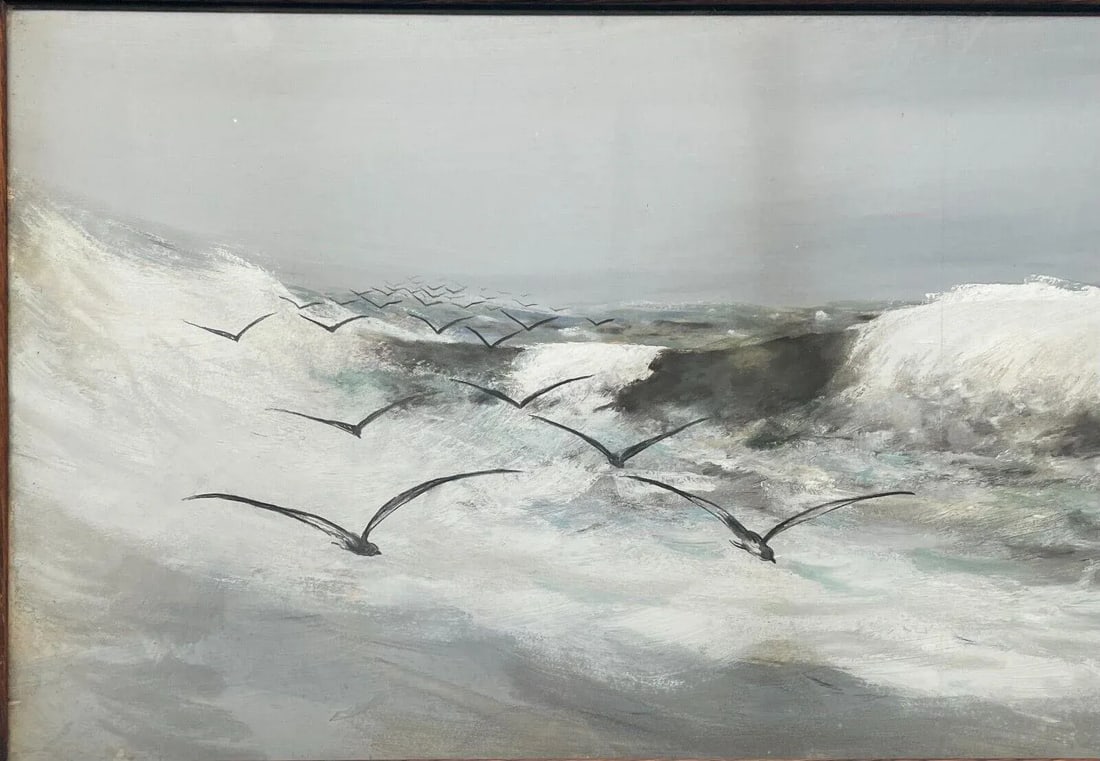 Antique Harland Paige Buckland 'birds Over Crashing Waves' Ny Seascape Painting - 4
