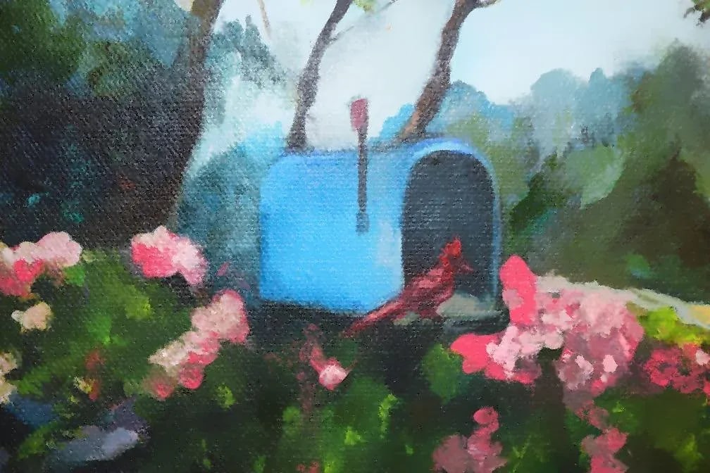 Original Vintage Impressionistic Painting of a Cardinal Bird on a Mailbox - 2