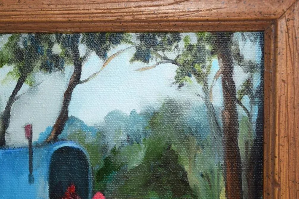 Original Vintage Impressionistic Painting of a Cardinal Bird on a Mailbox - 4