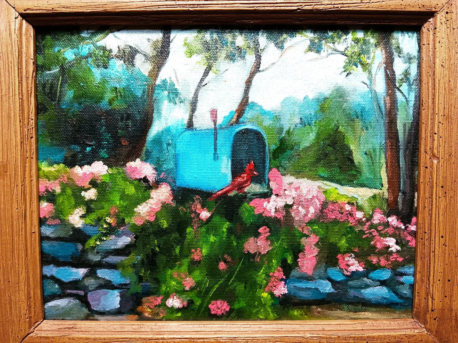 Original Vintage Impressionistic Painting of a Cardinal Bird on a Mailbox - 8