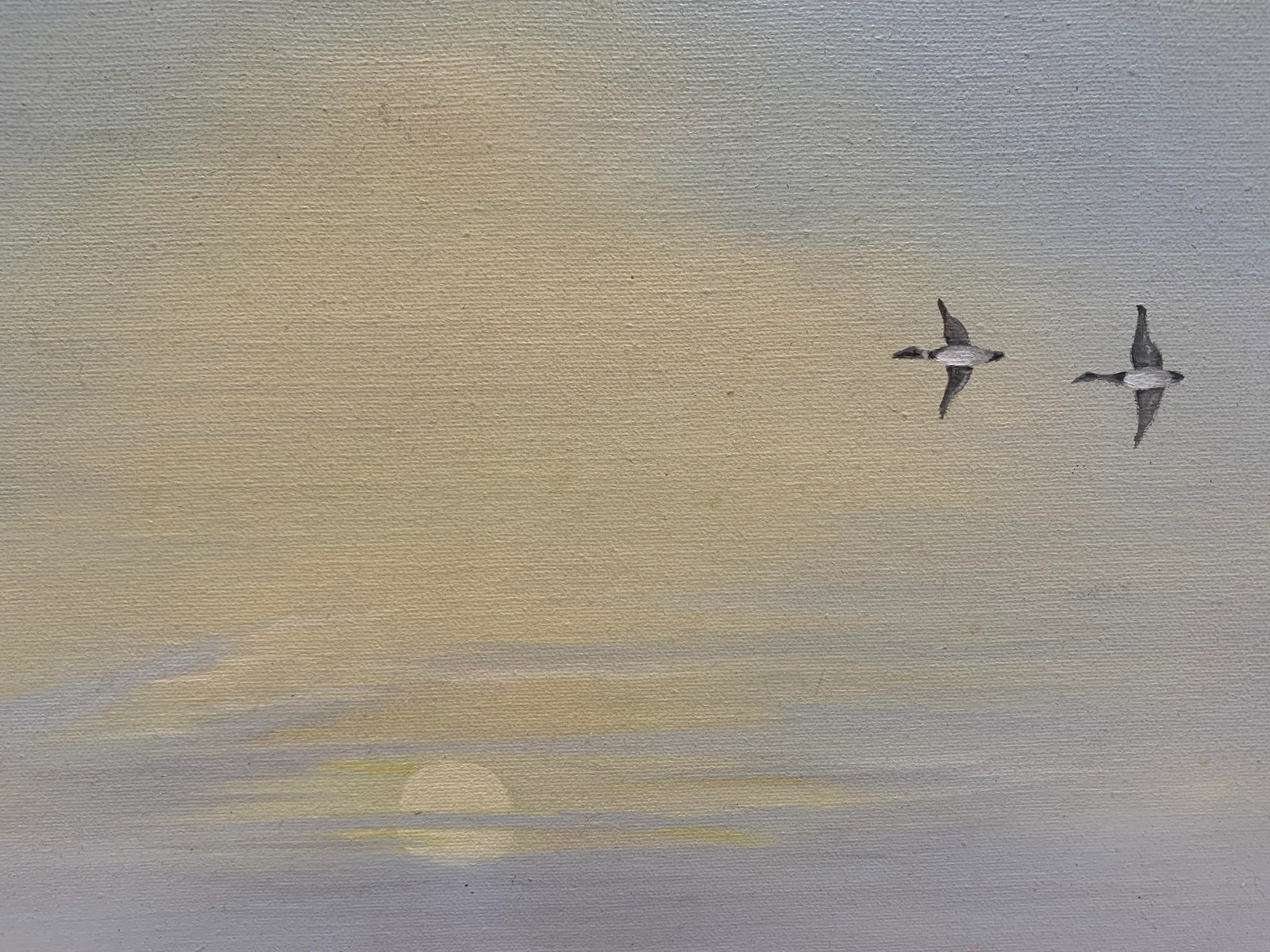 Original Vintage Canvas Painting, 1978 of Geese and Clamdiggers on at Sunset - 4