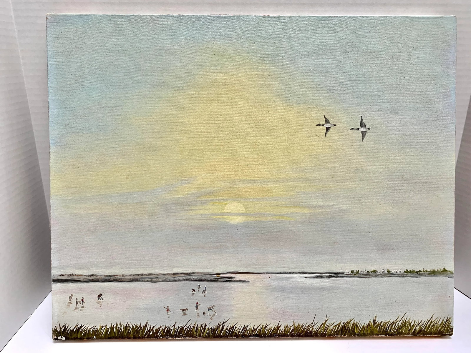 Original Vintage Canvas Painting, 1978 of Geese and Clamdiggers on at Sunset - 5