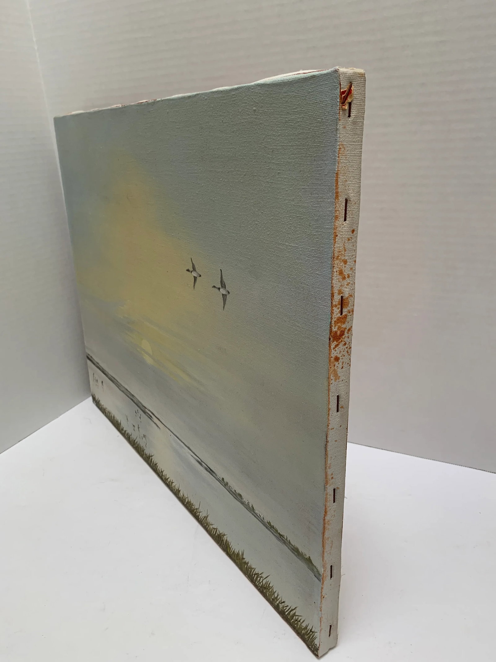 Original Vintage Canvas Painting, 1978 of Geese and Clamdiggers on at Sunset - 8