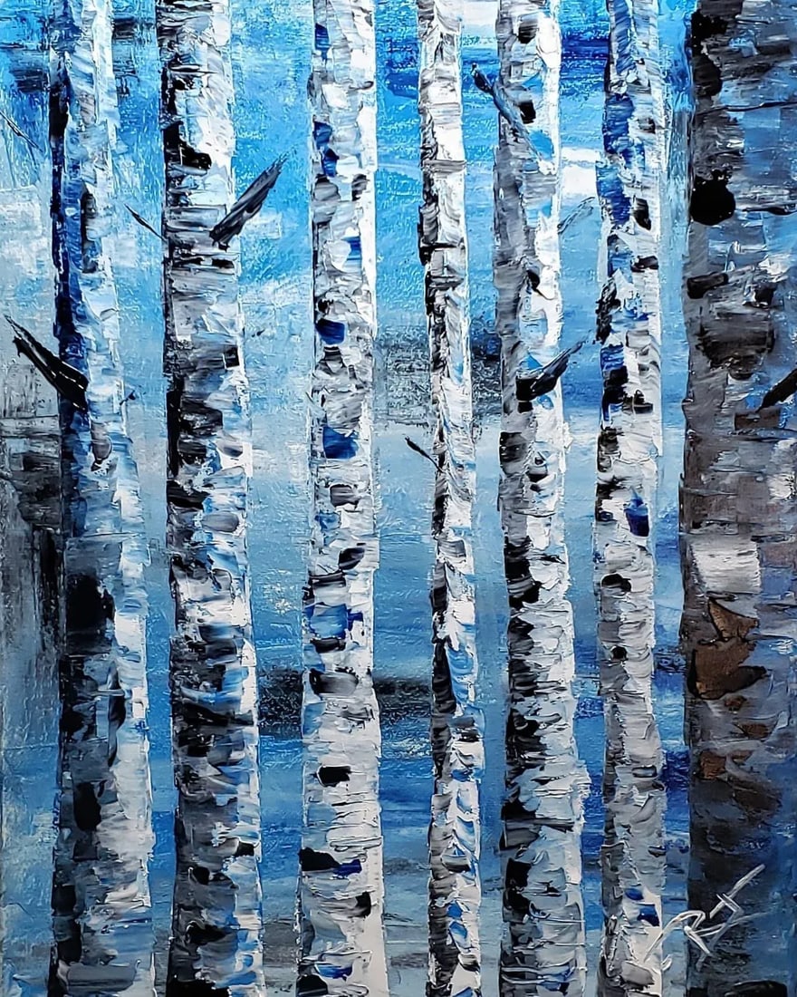 Silent Nocturne Original Expressionist Landscape Painting by Roger Gelis: Silent Nocturne Step into the ethereal beauty of winter with my mesmerizing 14x18 oil painting, 'Silent Nocturne.' This enchanting piece captures the quiet grandeur of aspen trees beneath the soft glo
