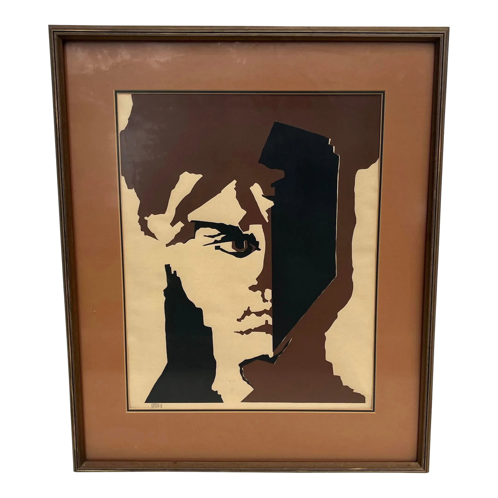 1970s Mid-Century Vintage Large Framed Portrait: Mid-century vintage, framed and matted original print portrait. Signed and dated "Kaplish, 70". The frame is wood and there is glass overtop. Frame measures: 27.75" tall x 23.25" wide x 1 3/8" deep