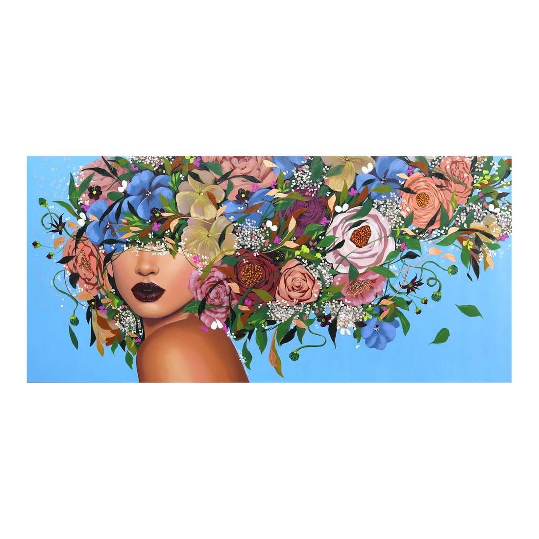 Angela - Floral Portrait Original Artwork by Sally K: Lebanese American artist Sally K.'s captivating floral portraits are both mesmerizing and empowering. Her pop-realistic paintings are inspired by strong, feminine women, celebrating the individuality 
