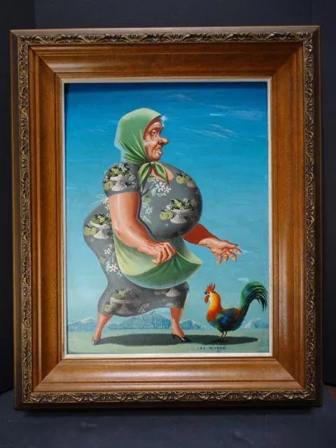Vintage Mid-Century Irv Wyner the Farmer's Wife and Her Rooster Pal Painting - 2