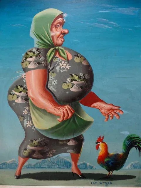 Vintage Mid-Century Irv Wyner the Farmer's Wife and Her Rooster Pal Painting - 3