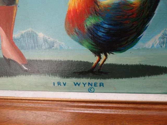 Vintage Mid-Century Irv Wyner the Farmer's Wife and Her Rooster Pal Painting - 4