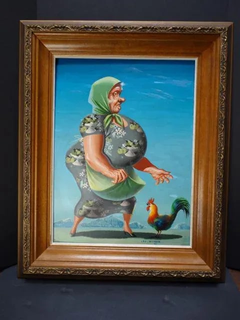 Vintage Mid-Century Irv Wyner the Farmer's Wife and Her Rooster Pal Painting - 5