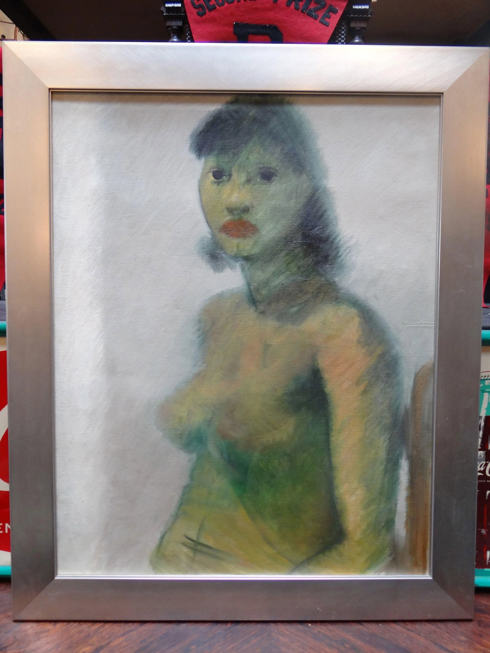 Vintage Mid Century Green Woman Painting by Elmer Plummer - 5