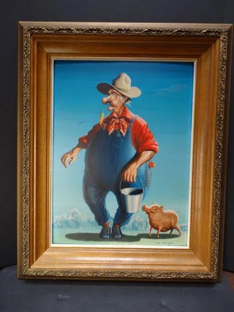 Vintage Mid-Century Irv Wyner the Farmer and His Pig Buddy Painting - 2