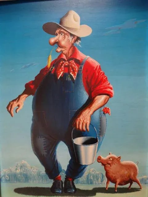 Vintage Mid-Century Irv Wyner the Farmer and His Pig Buddy Painting - 3