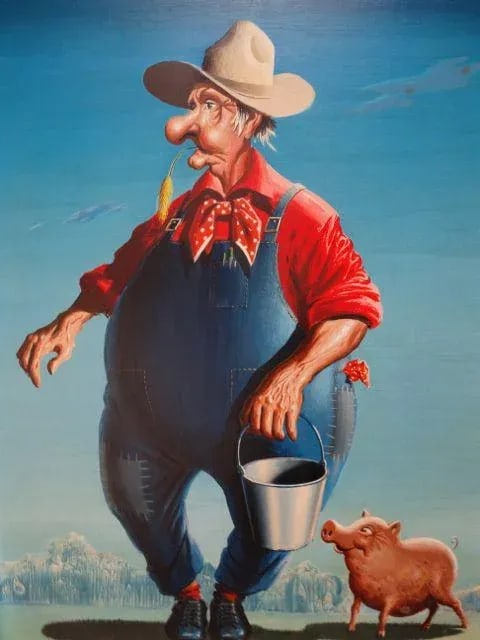 Vintage Mid-Century Irv Wyner the Farmer and His Pig Buddy Painting - 5