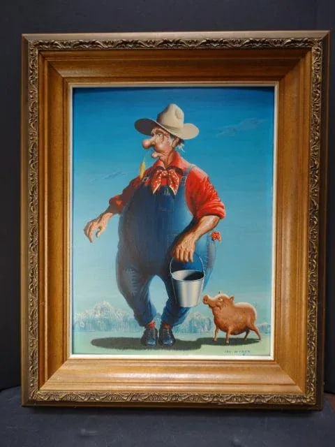 Vintage Mid-Century Irv Wyner the Farmer and His Pig Buddy Painting - 6