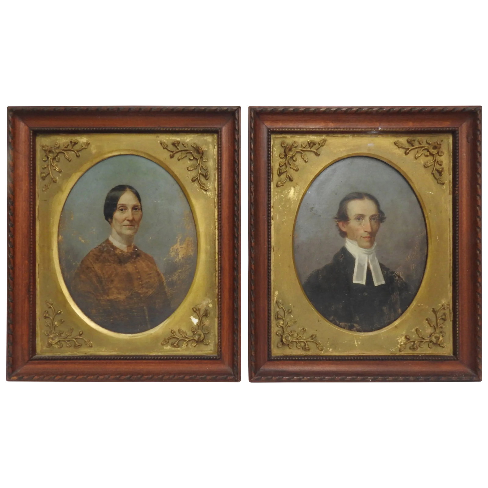 Early 20th Century Lady and Gentleman Oil on Board Set of Two Framed Paintings: Please meet this stately gentleman and his lady. As of the times, they have a serious look on their faces. The details are excellent as you can see lines in the forehead of the lady. The hand-painted 