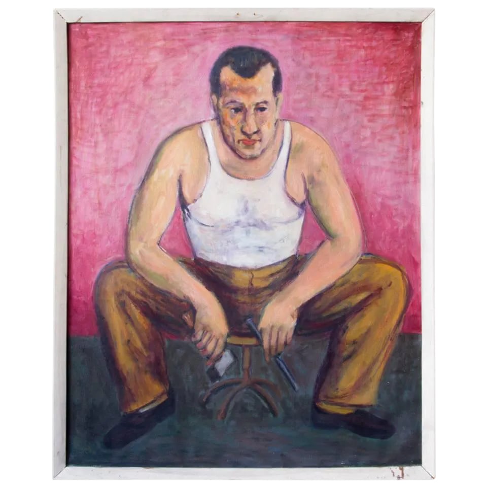 The Sculptor at Rest Painting by Maurice Glickman: An oil on canvas self-portrait by Maurice Glickman- depicting the artist in a seated position, wielding his sculptor's tools. It is titled and signed on the backside. Condition: Alterations: Unknown I