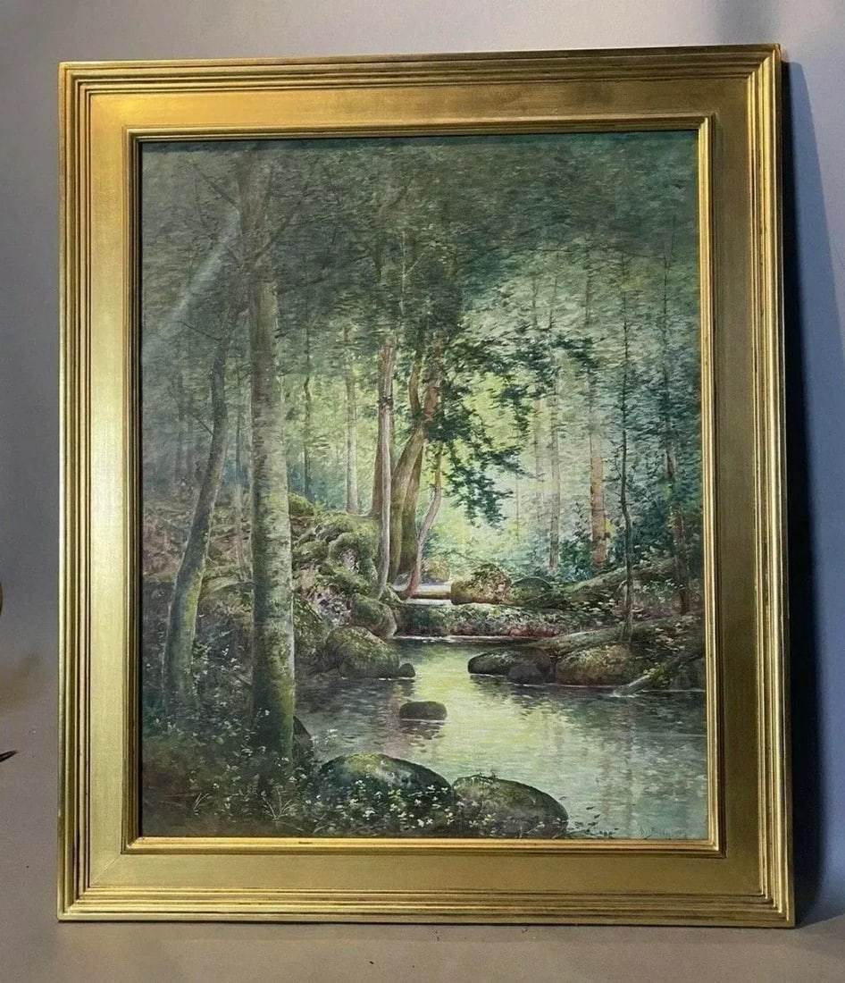Mid 20th Century Arts & Crafts Style Watercolor Painting of Forest & Stream Landscape Signed, Framed - 10