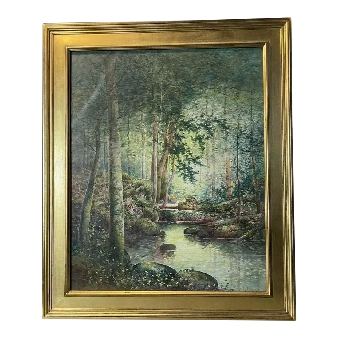 Mid 20th Century Arts & Crafts Style Watercolor Painting of Forest & Stream Landscape Signed, Framed (1 of 10)