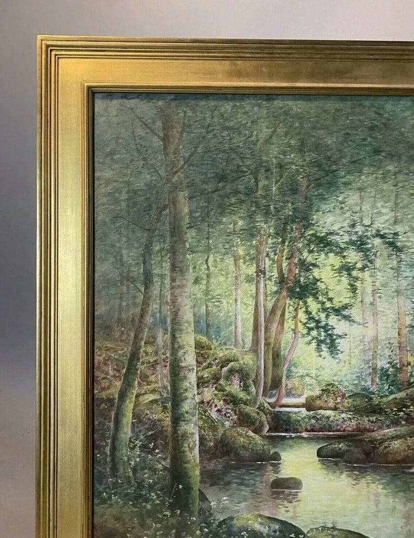 Mid 20th Century Arts & Crafts Style Watercolor Painting of Forest & Stream Landscape Signed, Framed - 2