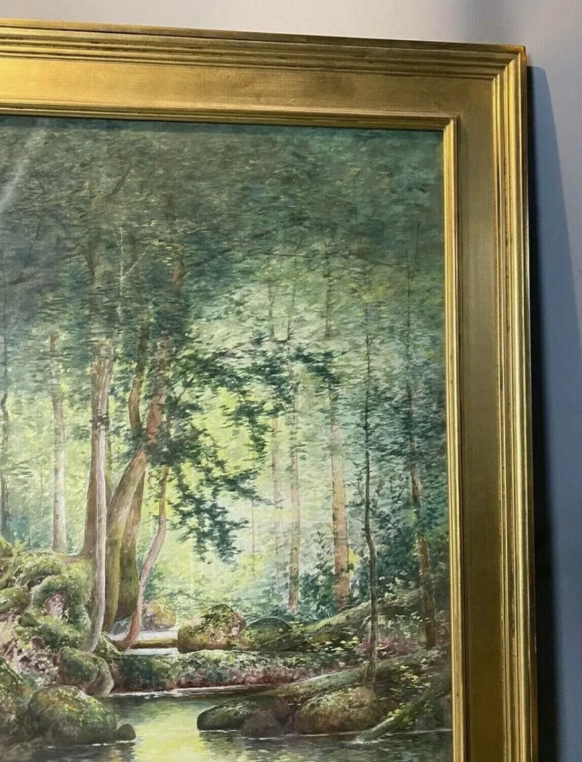 Mid 20th Century Arts & Crafts Style Watercolor Painting of Forest & Stream Landscape Signed, Framed - 3
