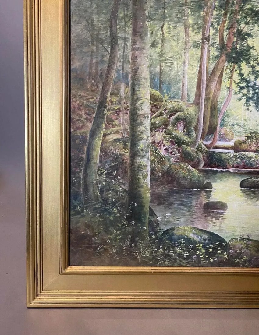 Mid 20th Century Arts & Crafts Style Watercolor Painting of Forest & Stream Landscape Signed, Framed - 4