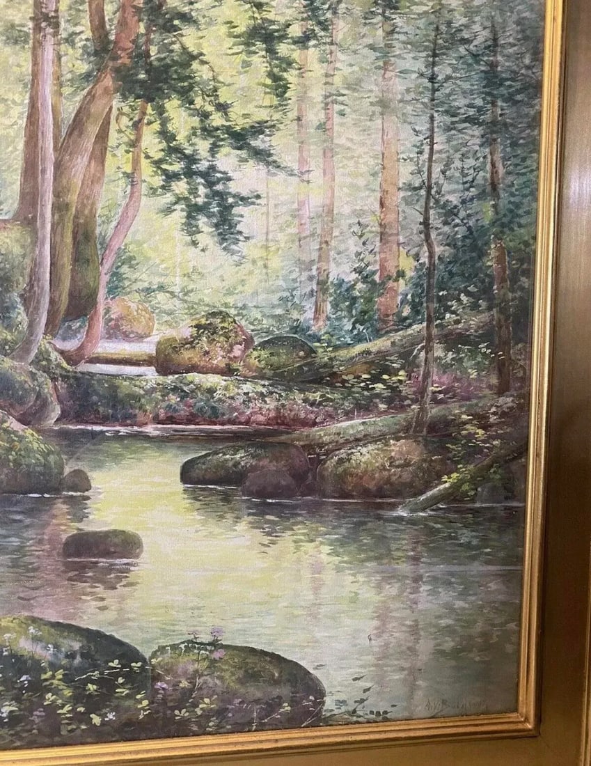 Mid 20th Century Arts & Crafts Style Watercolor Painting of Forest & Stream Landscape Signed, Framed - 6